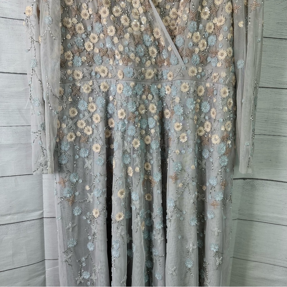 Mac Duggal size 16 Embellished Wrap Over Illusion Long Sleeve A Line Gown Gray - Picture 7 of 16